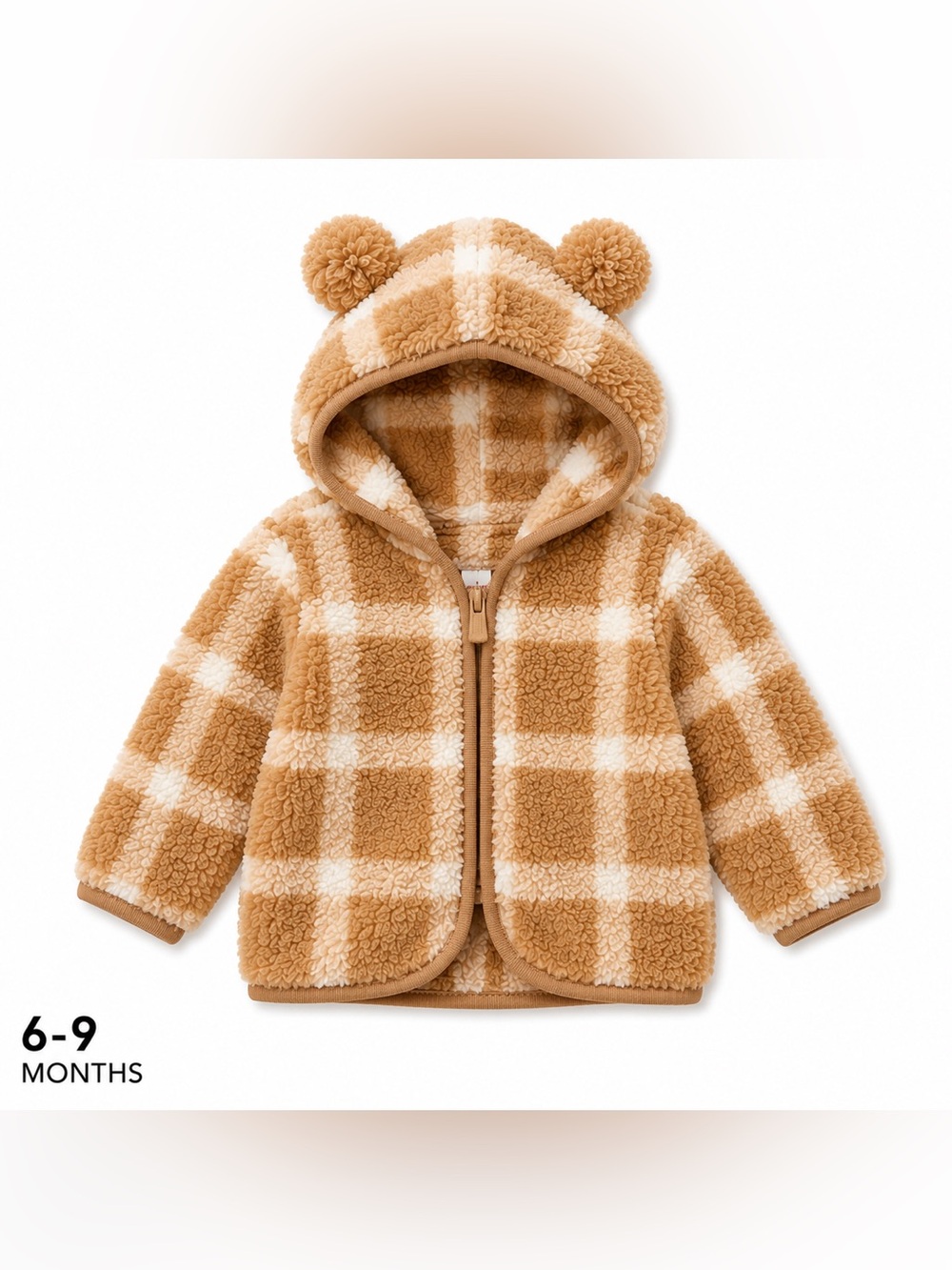 Cozy Teddy Sherpa Hoodie Jacket - Camel & Cream Plaid